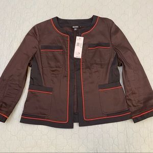 DKNY Brown Collarless Jacket with Black Trim and Orange Piping Detail — size 12